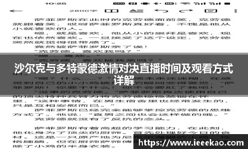 沙尔克与多特蒙德激情对决直播时间及观看方式详解